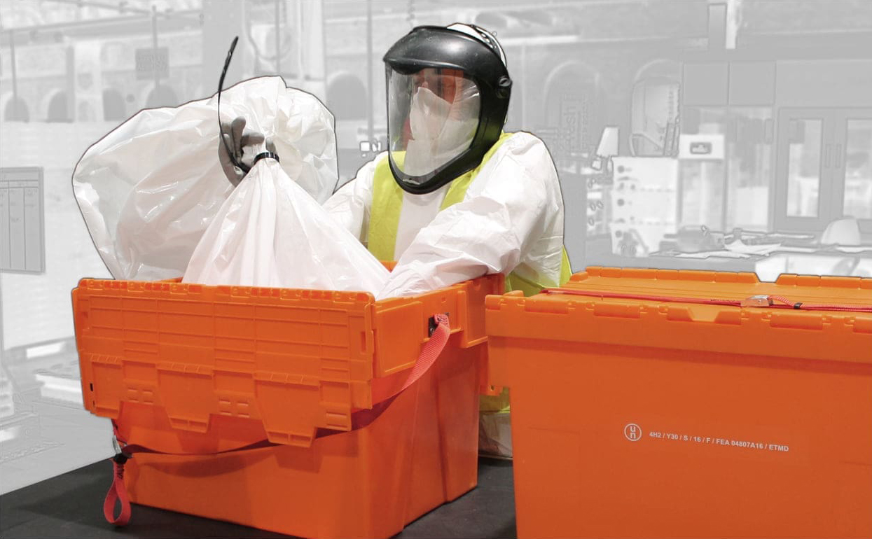 UN Certified Attached Lid Containers, used by waste management and disposal companies